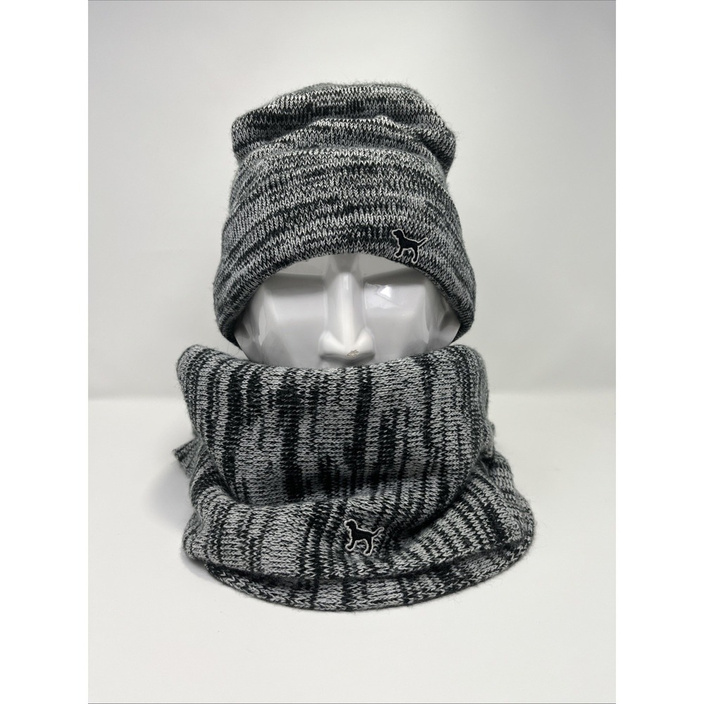 Victorias Secret PINK Slouchy Heather Gray Black Knit Winter Beanie/Scarf Set